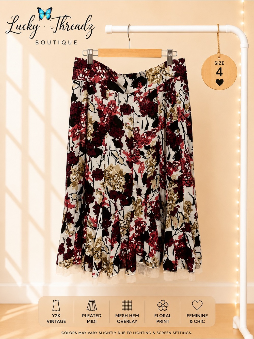 Apostrophe Vintage Y2K Floral Pleated Midi Skirt Size 4 Mesh Hem Overlay